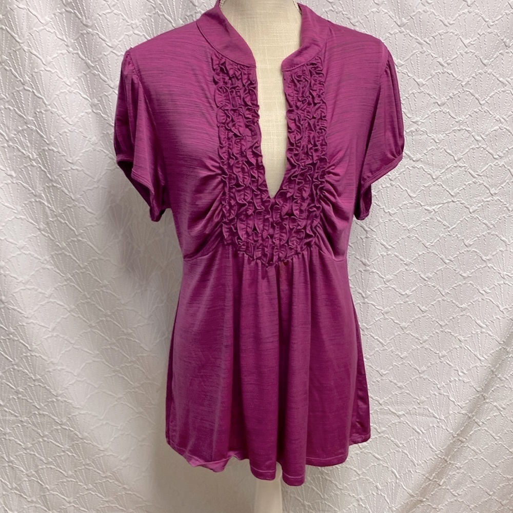 Free 2 Love size‎ 3X purple black heather ruffle v neck short sleeve with tie